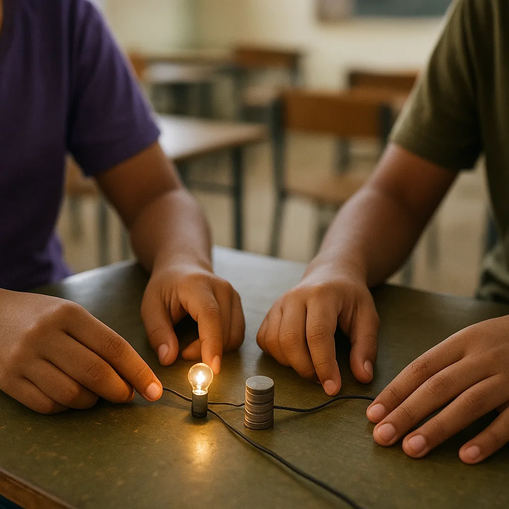 Mãos de dois estudantes montando um experimento com pilhas, fios e uma lâmpada pequena acesa sobre a carteira