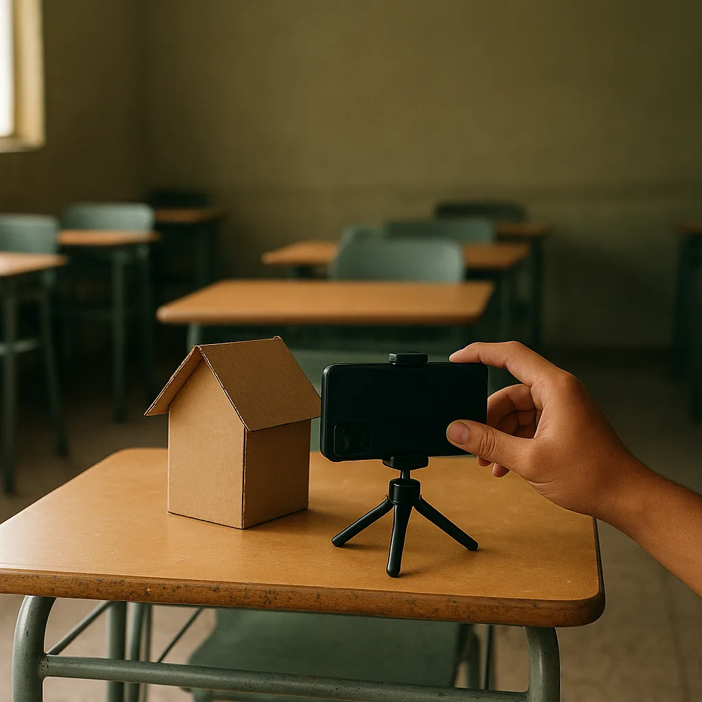 Mão de um estudante ajustando um celular num tripé, sobre a carteira, diante de uma maquete de papelão